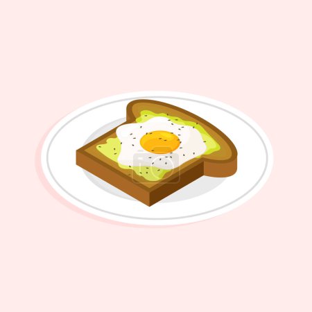 Illustration for Avocado toast with fried egg on a plate. Tasty healthy breakfast. Roasted sandwich isometric. Vector illustration isolated. - Royalty Free Image