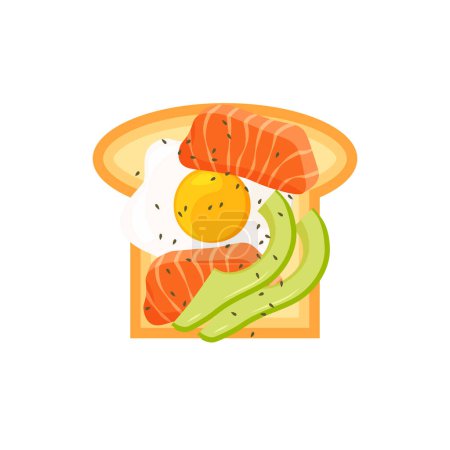Illustration for Avocado toast with fried egg and salmon. Tasty healthy breakfast. Roasted sandwich. Vector illustration isolated in a trendy flat style. - Royalty Free Image