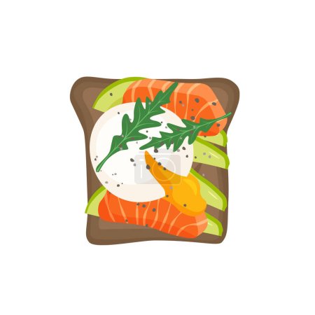 Illustration for Avocado toast with poached egg and salmon. Tasty healthy breakfast. Roasted sandwich. Vector illustration isolated in a trendy flat style. - Royalty Free Image