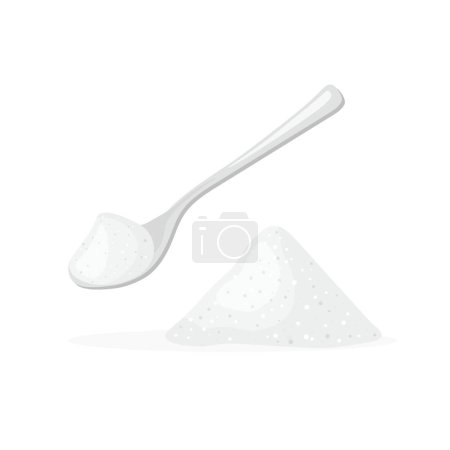 Silberlöffel voll Salz aus Metall. Back- und Kochzutat. Vector Teelöffel isoliert auf weißem Hintergrund. Haufenweise Gewürze.
