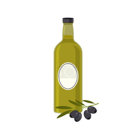 Huile d'olive dans une bouteille en verre foncé. Bouteilles vectorielles aux olives noires. Elément design pour menu, étiquette, emballage isolé sur fond blanc.