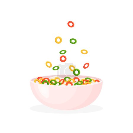 Colorful cereal milk breakfast. Rolled oats or crunchy cornflakes ara falling in a bowl. Sweet food for kids. Vector illustration in trendy flat style