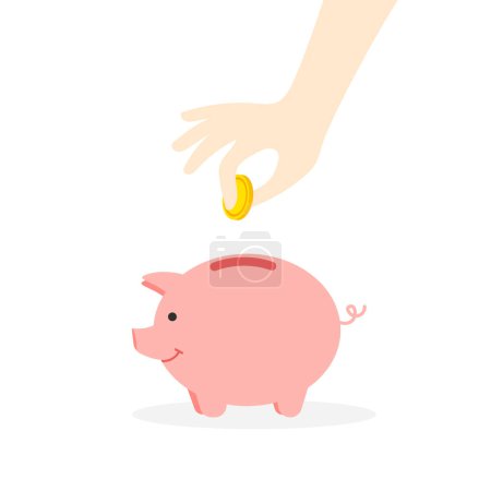 Illustration for Hand puts coins in a piggy bank. Money savings concept. Vector illustration in a trendy flat style isolated on white background. - Royalty Free Image