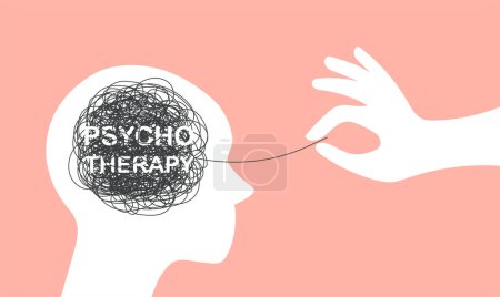 Illustration for Abstract metaphor of psychotherapy. Head silhouette with mental disorder. Tangled thoughts, chaos and stress. Concept of solving difficult situation. - Royalty Free Image