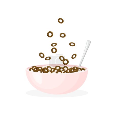 Milk porridge or cereal with chocolate balls. Rolled oats or crunchy cornflakes ara falling in a bowl. Sweet breakfast for kids. Vector illustration.