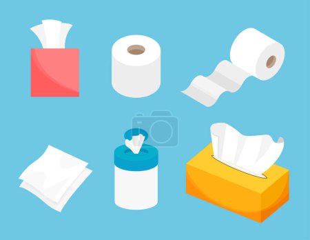 Rollos de papel higiénico y tejido. Toallitas húmedas. Higiene y sanidad. Ilustración vectorial en un estilo plano de moda aislado.
