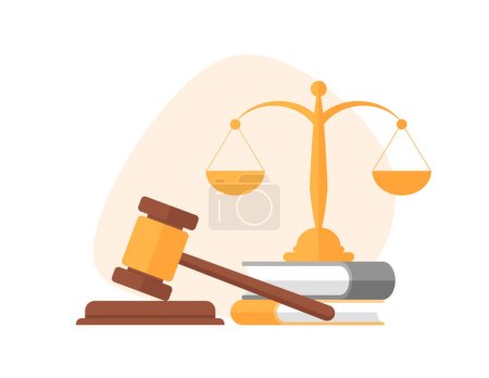 Corte, derecho y justicia. Servicios de abogado, notario, abogado. Escalas, libros y mazo del juez. Ilustración vectorial en un estilo plano de moda.