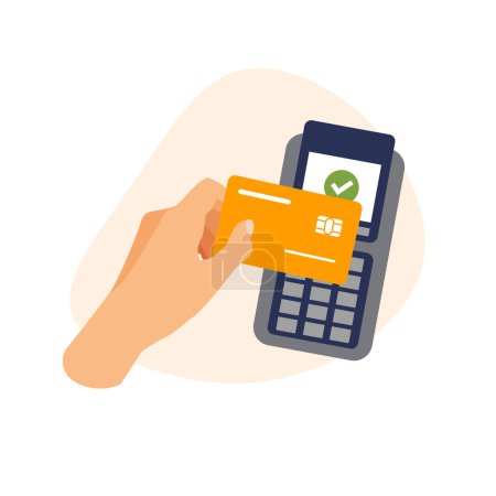 Hand holds credit card near the pos terminal to pay. Buying process. Contactless payment. Financial vector illustration in a trendy flat style.