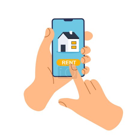 Haus zu vermieten. Der Kauf eines Hypothekenhauses. Hand hält Telefon mit Wohnungssuchseite auf dem Bildschirm. Immobilien. Buchen. Vektor-Illustration im trendigen flachen Stil.