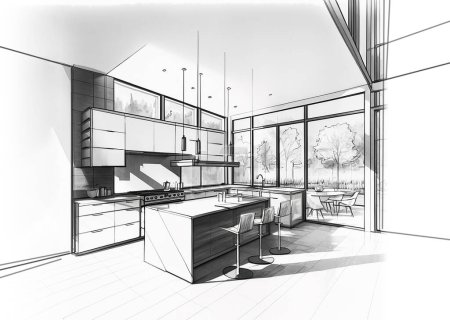 Téléchargez les photos : Esquisse architecturale d'une cuisine moderne, dessin noir et blanc - en image libre de droit