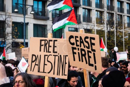Photo for Berlin, Germany - November, 4: Free Palestine and Ceasefire signs on Demonstration in Berlin - Royalty Free Image