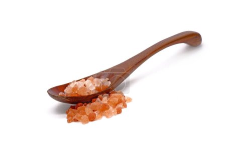 Photo for Pink Himalayan salt with wooden spoon isolated on white background - Royalty Free Image