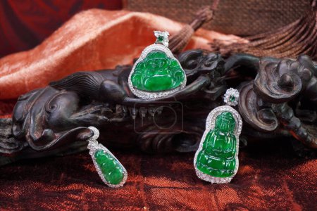 Imperial green jadeite jade Guan Yin (Avalokitesvara), Smiling Buddha and four season peas pendant. Beautiful jewelry