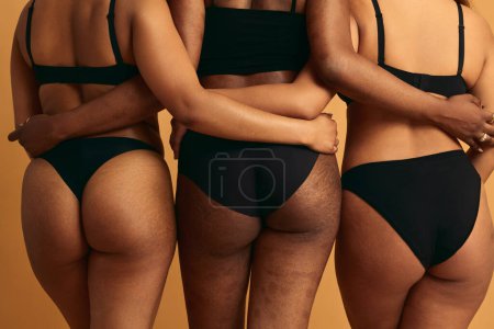 Téléchargez les photos : Vue arrière de la récolte anonymes copines multiraciales en sous-vêtements noirs avec des vergetures sur les fesses étreignant sur fond orange - en image libre de droit