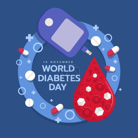 Téléchargez les illustrations : Journée mondiale du diabète - Glucose test goutte de sang rouge avec le sucre et l'hématopoïétique et le signe croisé des médicaments sur la conception du vecteur anneau bleu - en licence libre de droit