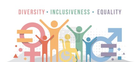 Ilustración de Inclusividad, diversidad, concepto de igualdad con diversidad abstracta personas símbolo de género e igual signo vector diseño - Imagen libre de derechos