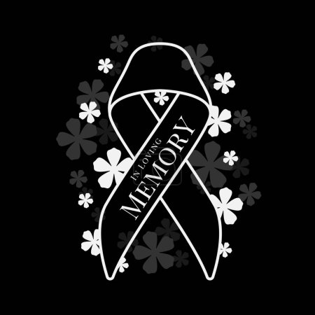 Illustration for In loving memory text in white line ribbon sign with flower around on black background vector design - Royalty Free Image