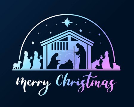 Téléchargez les illustrations : Joyeux Noël avec dégradé bleu violet Nativité de la scène de Jésus et trois sages dans la nuit noire avec étoile sur fond sombre vecteur design - en licence libre de droit