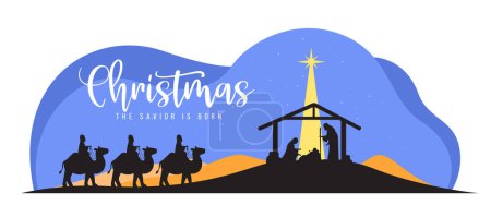 Téléchargez les illustrations : Noël, le sauveur est né bannière avec décor de Noël Nuit Mary et Joseph dans une mangeoire avec l'enfant Jésus et trois sages vont pour l'étoile de Bethléem conception vectorielle - en licence libre de droit
