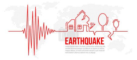 Ilustración de Concepto de terremoto con línea roja Ondas de sismógrafo de frecuencia agrietadas en casas y grietas de árboles en el mapa Diseño de vectores de fondo de textura mundial - Imagen libre de derechos