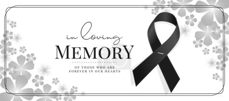In loving memory of those who are forever in our hearts text and Black ribbon sign on gray flower frame texture background vector design