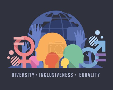 Inclusiveness Diversity Equality concept with abstract modern Various people is heads gender symbol and equal sign Equally raised hand symbol on globe background vector design