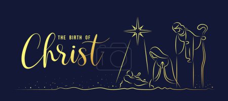 Téléchargez les illustrations : La naissance du Christ - dessin abstrait de la ligne d'or La Nativité avec Marie et Joseph dans une mangeoire avec l'enfant Jésus sur fond bleu foncé dessin vectoriel - en licence libre de droit