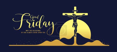 Téléchargez les illustrations : Vendredi saint - Jésus Christ moderne en or crucifié sur la croix à la montagne et la lumière du soleil dans un dessin vectoriel de fond bleu foncé - en licence libre de droit