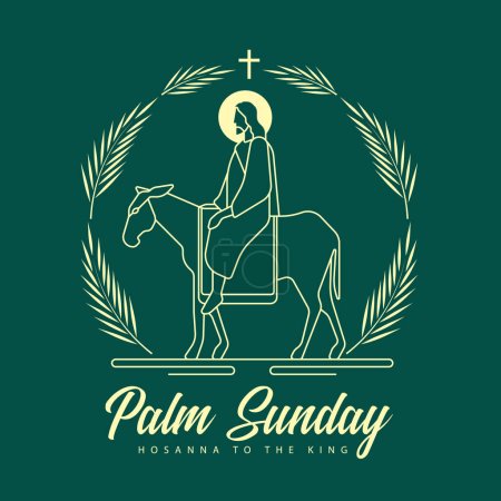 Téléchargez les illustrations : Palm sunday - yellow modern line jesus riding donkey entering jerusalem with palm leaves circle around and cross crucifix sign on dark green background vector design - en licence libre de droit