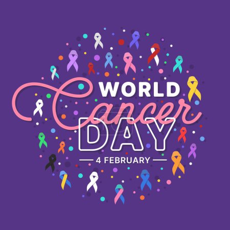 Téléchargez les illustrations : World Cancer Day text in circle with set of ribbons of different colors against cancer sign and colorful dot bubble around on purple background vector design - en licence libre de droit