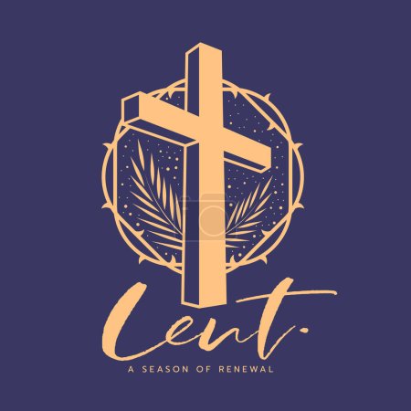 Illustration for Lent, a season of renewal - gold perspective cross crucifix sign circle thorns sign and palm leaves around on purple background flat style vector design - Royalty Free Image