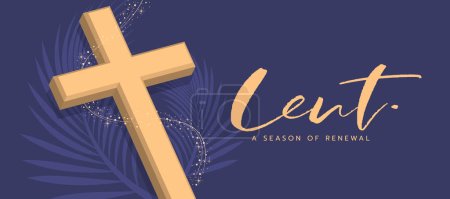 Illustration for Lent a season of renewal - 3D Gold Cross crucifix with line star wink roll around on palm leaves texture purple background vector design - Royalty Free Image