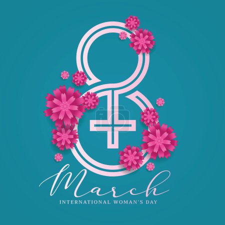 Téléchargez les illustrations : International women's day - white female symbol and number eight mix sign with pink flower around and march text on blue green background vector design - en licence libre de droit