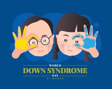 Ilustración de Día del síndrome de Down del mundo - Niño y niña síndrome de Down son pintura de mano amarilla y azul hacen las manos en forma de gafas en el diseño del vector de fondo azul - Imagen libre de derechos