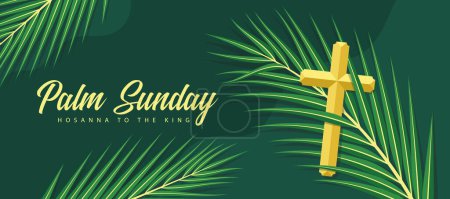 Ilustración de Palm sunday - Gold cross crucifix on green palm leaves on dark green background vector design - Imagen libre de derechos