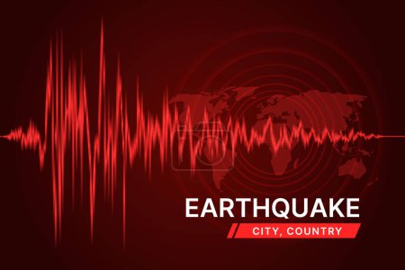 Illustration for Earthquake concept with Earthquake city country text on red light line Frequency seismograph waves cracked and map world with Circle Vibration texture on dark background Vector illustration design - Royalty Free Image