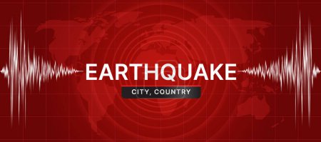 Illustration for Earthquake concept with Earthquake city country text between white light line Frequency seismograph waves cracked on map world with Circle Vibration texture and red dark background Vector illustration design - Royalty Free Image