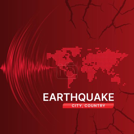 Illustration for Earthquake concept with Earthquake city country text on red light curve line Frequency seismograph waves cracked and dot map world on dark red texture wall Crack background Vector illustration design - Royalty Free Image
