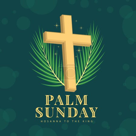 Illustration for Palm sunday, hosanna to the king - Gold 3D cross crucifix sign with star light around and two palm leaves on dark green background vector desig - Royalty Free Image
