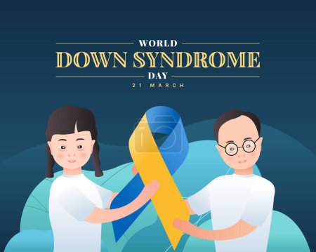 Ilustración de World down syndrome day - down syndrome boy and girl holding yellow and blue awareness ribbon on dark blue background vector design - Imagen libre de derechos