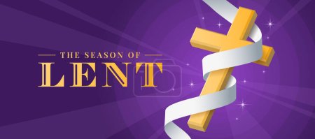Illustration for The season of Lent - Gold 3D cross crucifix with white cloth ribbon rolling around on purple light background vector design - Royalty Free Image