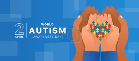Wolrd Autism Autism Awareness Day - Las manos de la mano y el niño sostienen rompecabezas colorido con signo de forma de corazón en el diseño de vectores de fondo azul