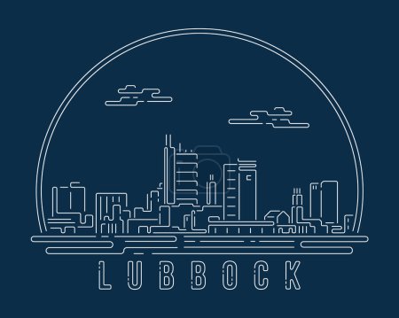 Ilustración de Lubbock - Paisaje urbano con línea abstracta blanca curva de esquina estilo moderno sobre fondo azul oscuro, edificio horizonte ciudad vector ilustración diseño - Imagen libre de derechos