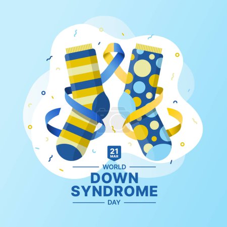 Ilustración de Día Mundial del Síndrome de Down - Cinta amarilla azul rodar en un montón de calcetines y fuegos artificiales cinta alrededor de diseño de vectores - Imagen libre de derechos