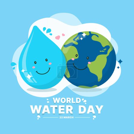 Día Mundial del Agua - Lindo cargador de agua gota y cargador del mundo viven juntos en el diseño de vector de fondo azul