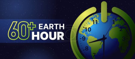 Téléchargez les illustrations : 60 minutes et plus, Texte de l'heure de la Terre et panneau d'arrêt du cercle vert autour du monde du globe sur fond d'espace sombre conception vectorielle - en licence libre de droit