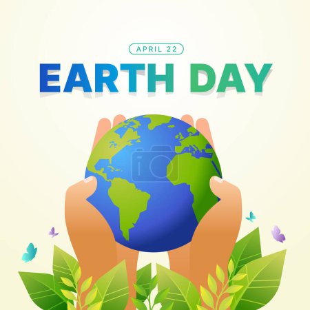 Ilustración de Día de la Tierra, 22 de abril texto - Mantenga la mano mundo de la tierra con hojas verdes y mariposa alrededor de diseño de vectores - Imagen libre de derechos