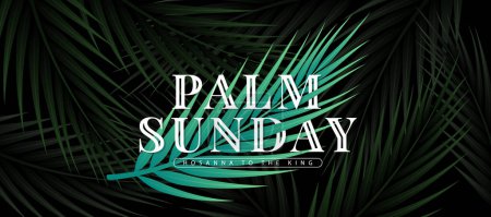 Palmsonntag - Weißer Text auf grünem Palmblatt und abstrakte dunkle Palmblätter Textur Hintergrundvektordesign