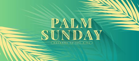 Domingo de palma - Texto amarillo dorado con sombra sobre hojas de palma doradas y verdes textura abstracta sobre diseño de vectores de fondo verde degradado