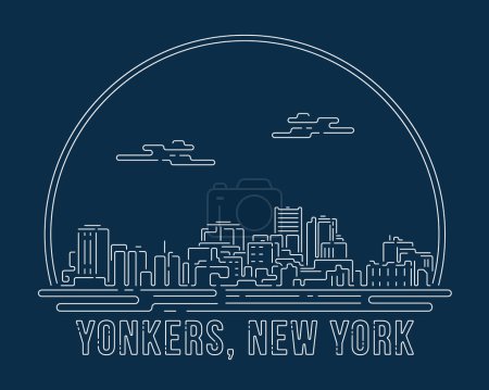 Ilustración de Yonkers, Nueva York - Paisaje urbano con línea abstracta blanca curva de esquina estilo moderno sobre fondo azul oscuro, edificio horizonte ciudad vector ilustración diseño - Imagen libre de derechos